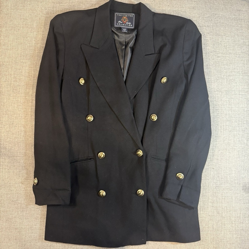 The Limited Women's Small Black Wool Blend Double Breasted Blazer Gold Btn